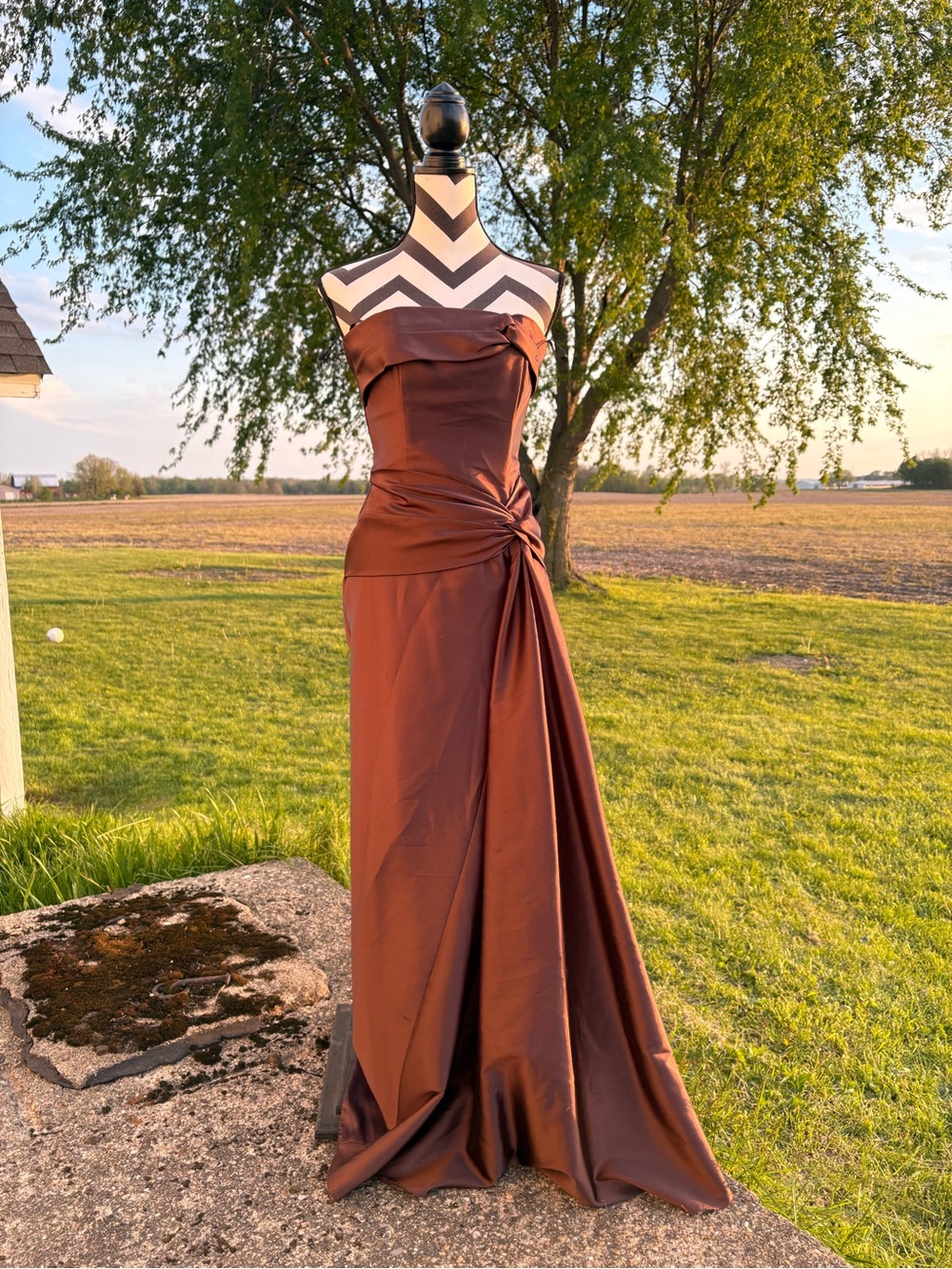 Vintage Jessica McClintock Brown Satin Strapless Ruched Gown